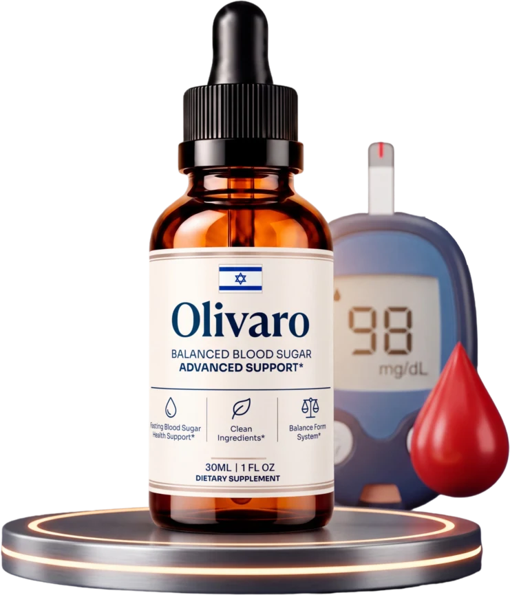 Olivaro liquid drops, a 30 mL dropper bottle beside a glucose meter
